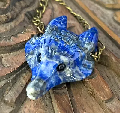 Wolf Necklace Blue Lapis Lazuli Pendant Hand Carved Gemstone • $27