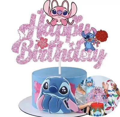 Stitch & Angel Happy Birthday Cake Topper Pink. Lilo And Stitch Childrens Party • £4.89