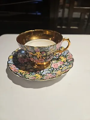 ROSINA Black Floral Chintz Tea Cup & Saucer #5333r England Bone China  • $34.99