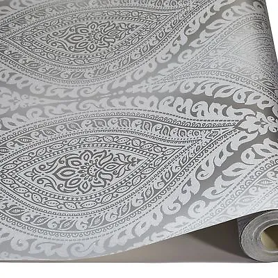 Silver Damask Glitter Wallpaper Metallic Sparkle Luxury Embossed Textured Vinyl • £17.99