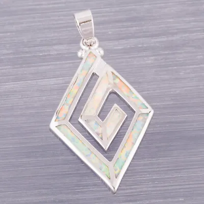 £5 • Buy White Fire Opal Greek Key Motif Silver Jewellery Pendant For Necklace
