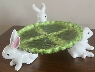 3 White Bunny Rabbits Holding Up Green Cabbage Leaves 7” Plate • $15