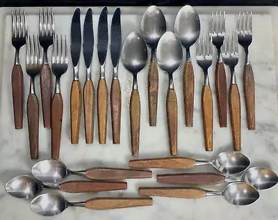 Vtg Mode Danish Stainless Flatware Wood Handle 22 Pc Japan MCM • $48