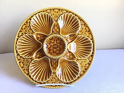 Vintage LongChamp France Majolica Amber Basketweave Round Oyster Serving Plate • $99.99