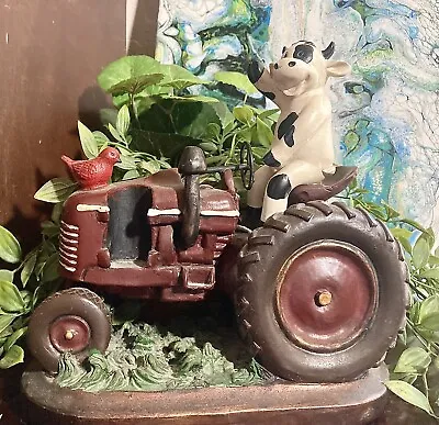 Red Shed Cow Driving Tractor Figurine • $35