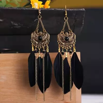 Fashion Women Bohemian Earrings Ancient Gold Moon Lock Style Feather Beads 1488 • $5.99