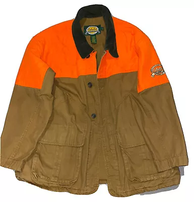 Vintage Mens Large Cabelas Blaze Orange Hunting Safari Quilt Elbow Patch Jacket • $30