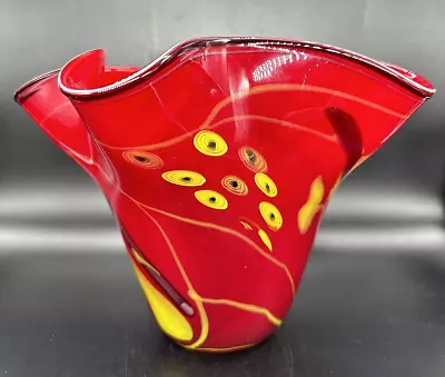 Viz Art Glass Large Red Yellow Handblown Vase Centerpiece Bowl #3668 EUC • $200