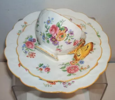 AYNSLEY ORIGINAL 1930's BUTTERFLY HANDLE FLORAL TRIO - CUPSAUCERPLATE - No.1 • £175