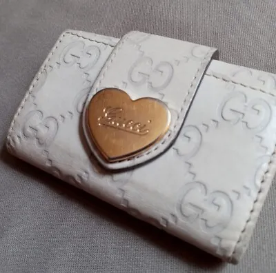 Authentic Vintage GUCCI Cream Monogram Leather Key Holder Gold Heart GG Logo • $99.95