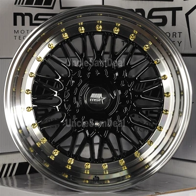 $748.60 • Buy 17x8.5 5x100 5x114.3 +30 MST MT13 BLACK MESH SILVER LIP GOLD RIVETS WHEELS SET 4