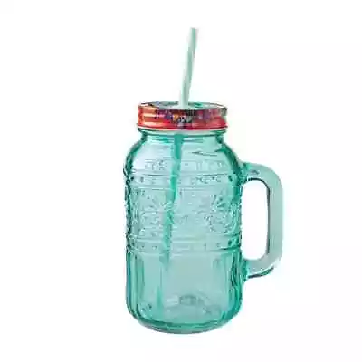 Pioneer Woman Cassie 32 Oz Teal Glass Mason Jar Drinking Glass Lid/Straw USA • $7.40