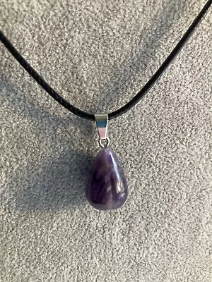 £2.99 • Buy Natural Quartz Teardrop Shape Crystal Pendant AMETHYST On A Black Cord Necklace