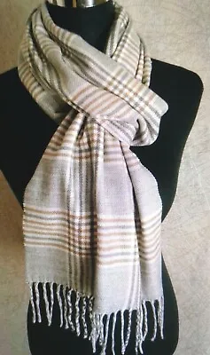 Ladies Soft Grey & Mustard Check Tartan Tassel Edge Woolly Scarf BNWT • £6.99