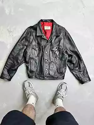 Vintage Levi’s Distressed Leather Trucker Jacket Black Mens Size L • $350