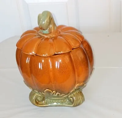 Pumpkin Candy/ Cookie Jar  Orange With Green Leaf Accents And Stem • $15