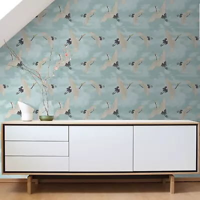 Duckegg Blue White Wallpaper Metallic Silver Oriental Japanese Birds • £1.34