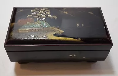 Stunning Oriental Lacquer Music Jewelry Box W/ Mirror & Blue Lining 7.25 X 3.75  • $14.99