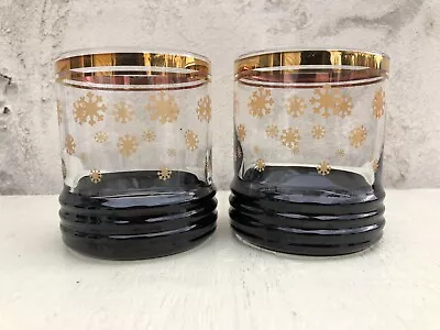 Set 2 Mid Century Modern Black Gold Snowflake Whiskey Rock Glasses Vintage MCM • $18.99