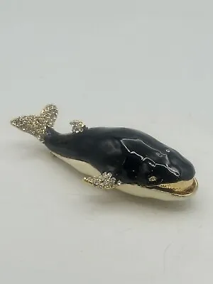 Whale Hinged Trinket Box Brass Enamel And Rhinestone Magnetic Closure Decorative • $20.37