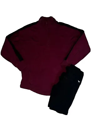 VS PINK Outfit Small Victoria’s Secret Leggings Varsity Pullover Maroon Black • $21.44