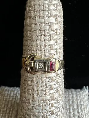 Antique 14k Yellow Gold  Victorian Ruby Diamond Dainty Belt Buckle Pinky Ring 6 • $449.99