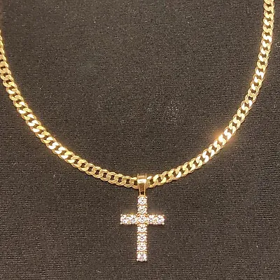 Gold Chain Cuban 20in 4mm & 14k Gold Tennis Cross Pendant Diamond • $54.99