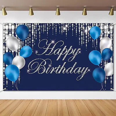 Blue Silver Happy Birthday Decorations Banner Backdrop For Men Women Boys Girls • $15.66