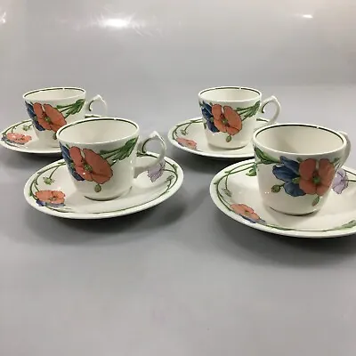 Villeroy & Boch Amapola Set Of 4 Porcelain Cups Saucer Blue Orange Poppy  • $41.85