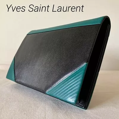 Auth Yves Saint Laurent Black Green Leather Clutch Bag YSL Vintage Rare • $185