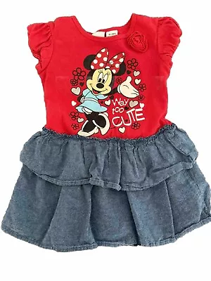 Toddler Girl 3T Disney Minnie Mouse Red Denim Dress Way Too Cute Hearts Flowers • $7.99