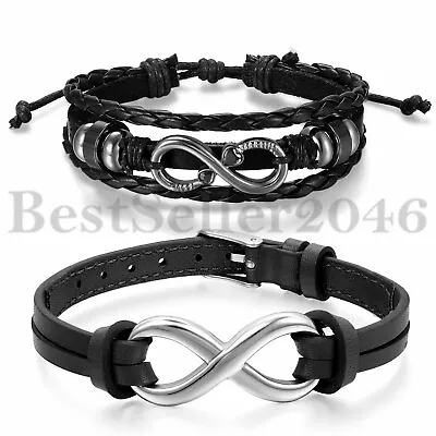 2PCS Stainless Steel Infinity Love Leather Rope Bangle Bracelet For Mens Womens • $12.99