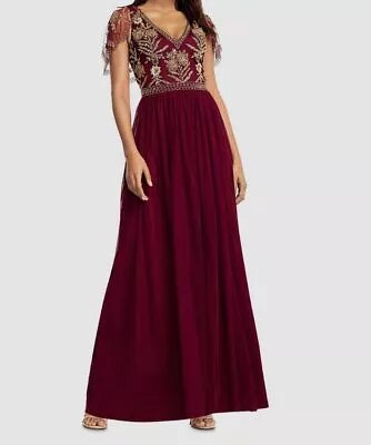 $395 Aidan Mattox Women's Red Beaded Sheer Cape Sleeve Evening Gown Dress Size 6 • $126.78