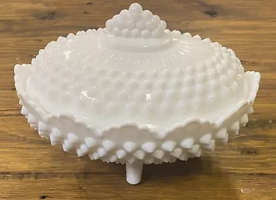 Vintage Fenton White Milk Glass Hobnail Oval Footed Candy Dish With Lid • $35