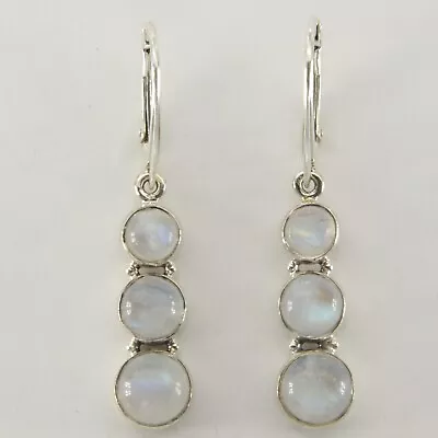 Natural Blue Triple MOONSTONE Drop Earrings 925 STERLING SILVER Leverback #5e • $32.47