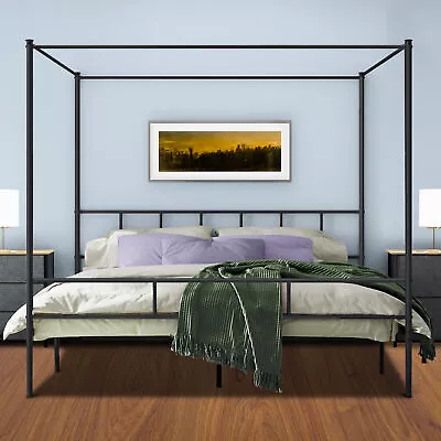 TAUS Metal Bed Frame King Size Four Poster Canopy Platform W/Built-in Headboard • $129.62