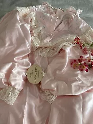 Vintage Pink Satin Flannel Lined Floral Embroidered Long Nightgown NEW 1X • $45