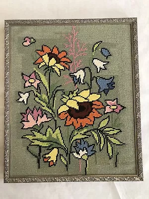 Floral Framed Needlepoint Vintage Embroidery 24”x20” • $9