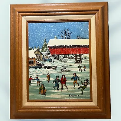 H. Hargrove Oil Painting Ice Skating Covered Bridge Winter Scene Framed 15 X 13” • $33.99