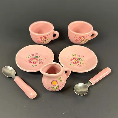 Childs Pink Flower Tea Set Mini Porcelain Tea Party 7 Pieces • $14.36