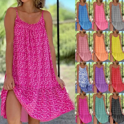 $23.89 • Buy Women Ladies  Sexy Pleated Floral Suspender Loose Beach Party Dress Plus Size