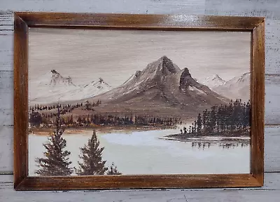 Vintage Framed Oil Painting Sepia Tone Black & White Lake Mountains Forest Snow • $14.95