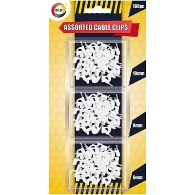 100pcs Assorted Round Cable Clips With Nails White 6mm 8mm & 10mm • £2.99