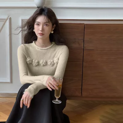 Korean Retro Flowers Round Neck Long Sleeve Slim Knitted Sweater For Women • $23.02