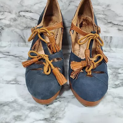 Anthropologie Miss Albright Women Blue Brown Leather Mary Janes Block Heels 7.5B • $52.24