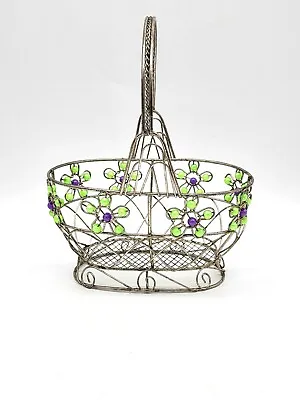 Vintage Wire Spring Beaded Floral Easter Basket Green And Purple Beading • $15