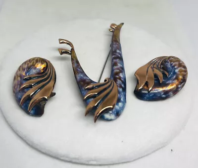 Matisse Copper Blue Enamel  Windsong  Bird Brooch & Clip Earrings Book Piece MCM • $99