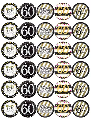 30x 60th Birthday Black And Gold Edible Wafer Paper Cupcake Toppers Fairy Cakes • £2.50