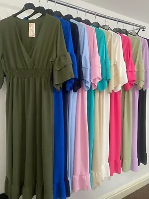 Womens V Neck Rara Frill Sleeve Elastic Shirred Waist Longline Summer Maxi Dress • £18.99