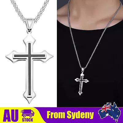 New 316L Stainless Steel Silver&Black Cross Bible Pendant Chain Necklace Men / • $5.99